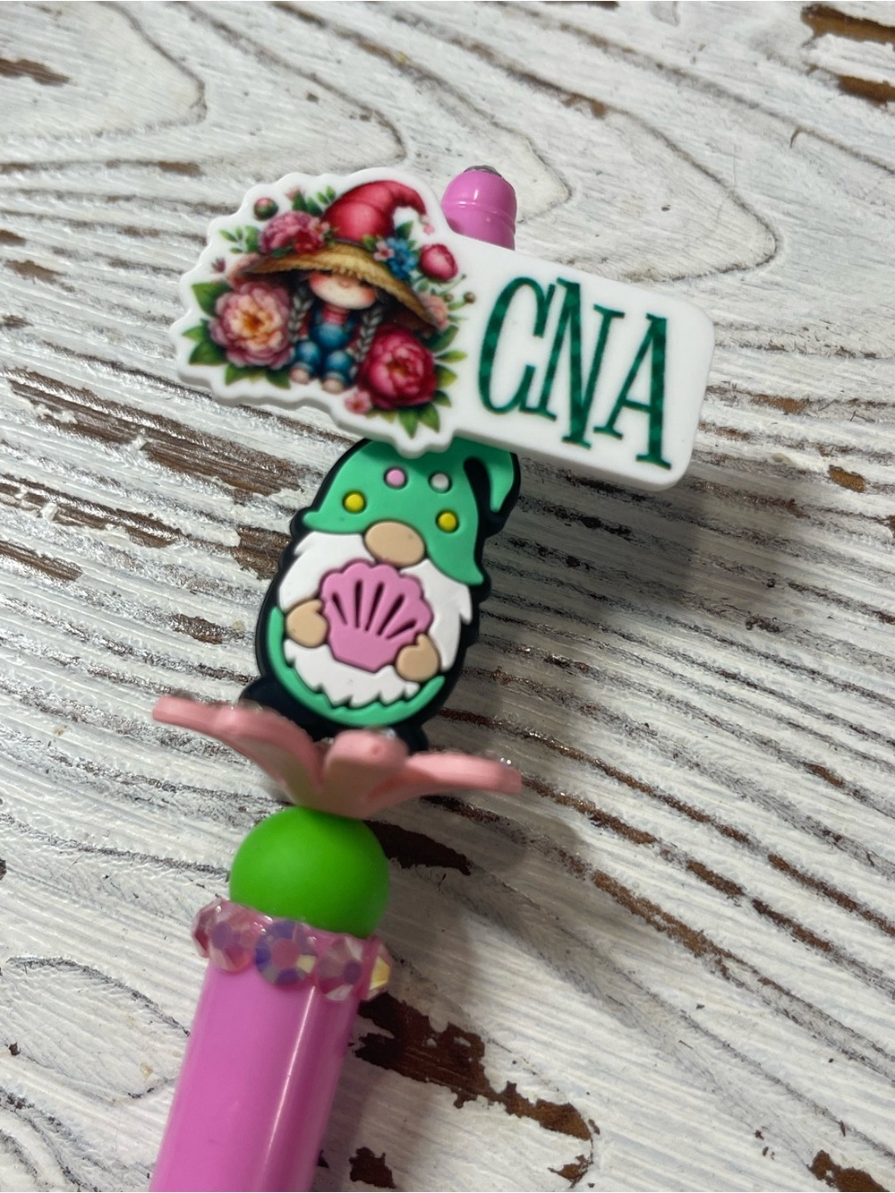 CNA Pink and Green Beaded Gnome Pen